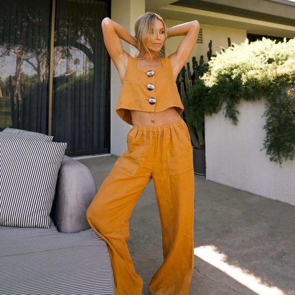 MARY LAWLESS LEE X SPLENDID Linen Top Marigold M Apron Button Front Cross back - Picture 2 of 16